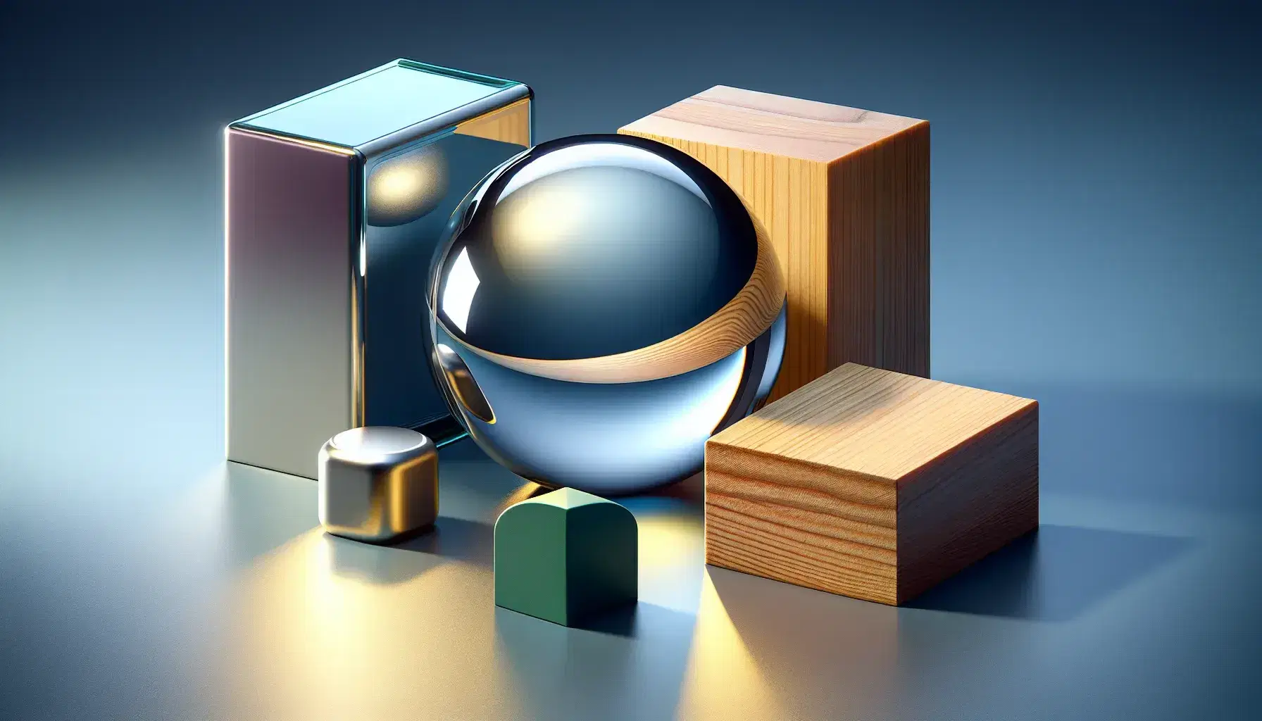 Esfera de vidrio transparente reflejando luz con pieza metálica, bloque de madera, plástico azul y contenedores apilados en fondo, rodeados de fragmentos variados.