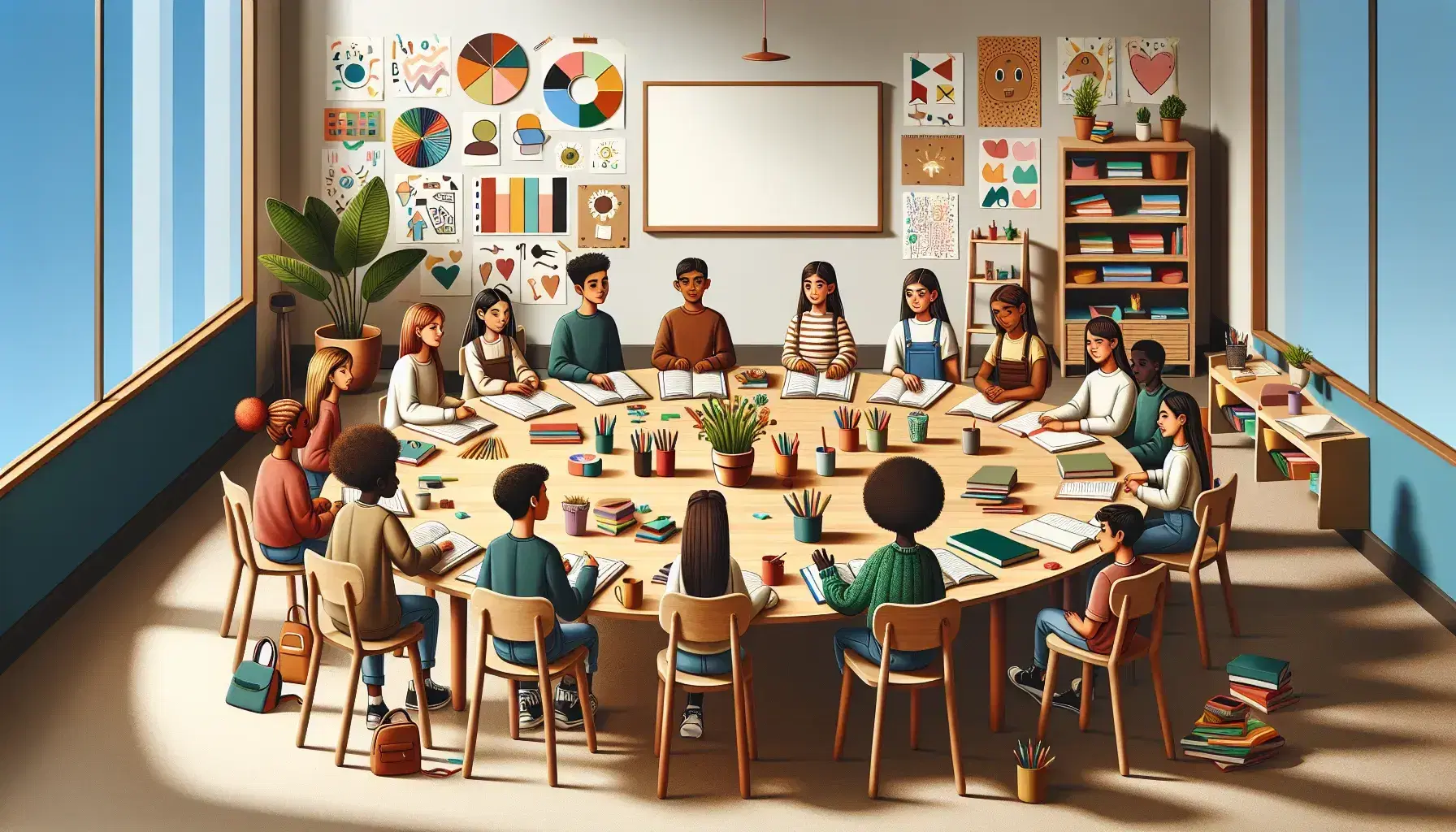 Aula diversa con estudiantes de varias edades y etnias concentrados alrededor de una mesa redonda con libros y lápices de colores, fondo con figuras geométricas y zona de lectura acogedora.