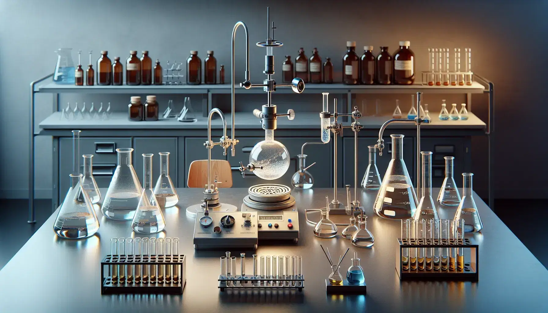 Laboratorio scientifico moderno con tavolo in acciaio, becher con liquidi colorati, provette, evaporatore rotante, bruciatore Bunsen e flaconi su scaffali.
