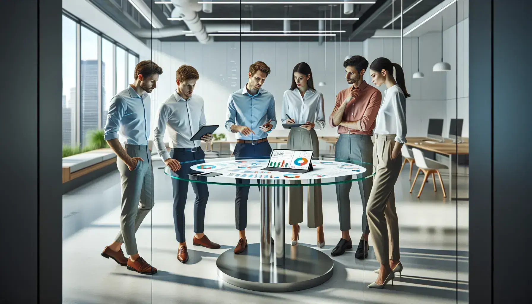 Equipo de cinco profesionales en reunión de trabajo en oficina iluminada, discutiendo datos en laptop y tomando notas, con dispositivos electrónicos sobre mesa de vidrio.