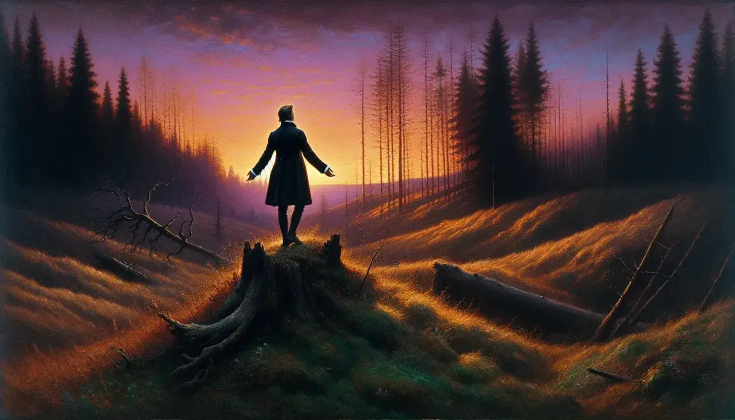 Uomo in abiti d'epoca romantica contempla il tramonto dai colori vivaci tra alberi spogli su una collina erbosa.