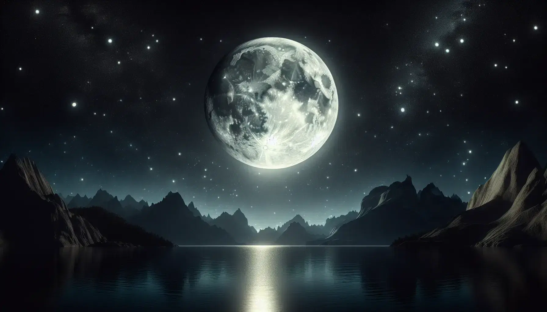 Luna piena luminosa e stellata riflessa su un lago tranquillo con silhouette di montagne in una scena notturna.