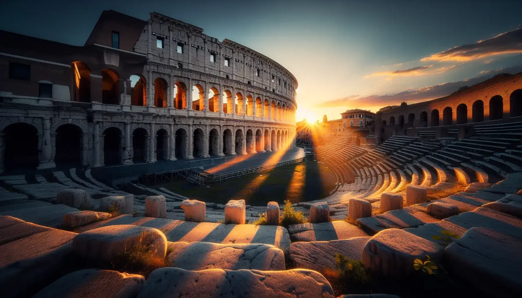 Teatro di Marcello a Roma illuminato dalla luce dorata del tramonto, con archi e colonne in evidenza e cielo sfumato blu-arancio.