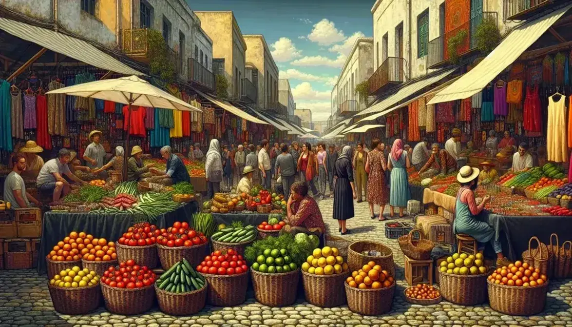 Busy outdoor market with fresh produce on wooden stalls, colorful clothing, handcrafted jewelry, diverse shoppers, and old buildings on a sunny day.