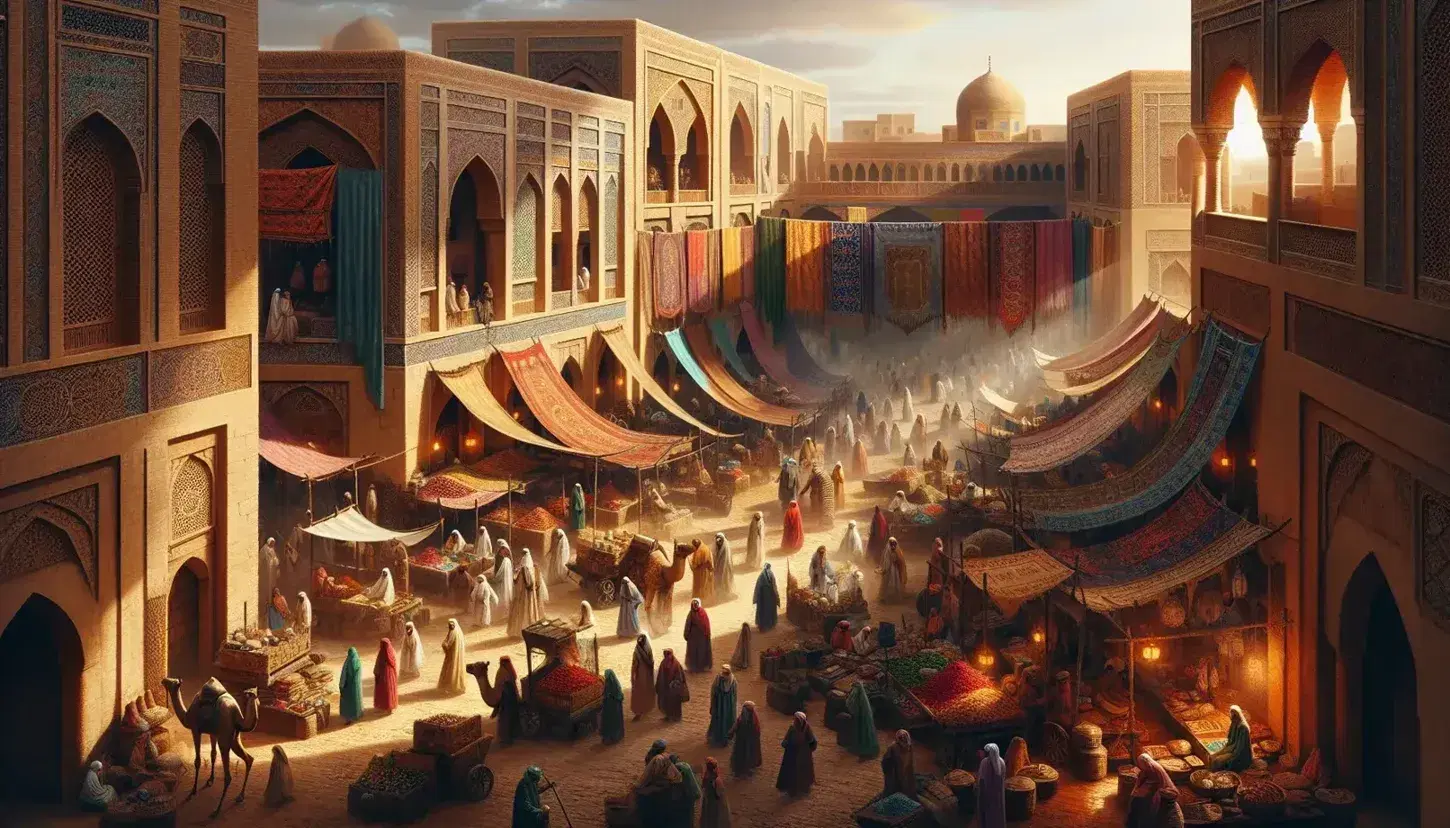 Mercato medievale arabo con folla, bancarelle di spezie, tappeti, frutta e oggetti metallici, edifici con archi e cupole, cammelli e minareto in lontananza.