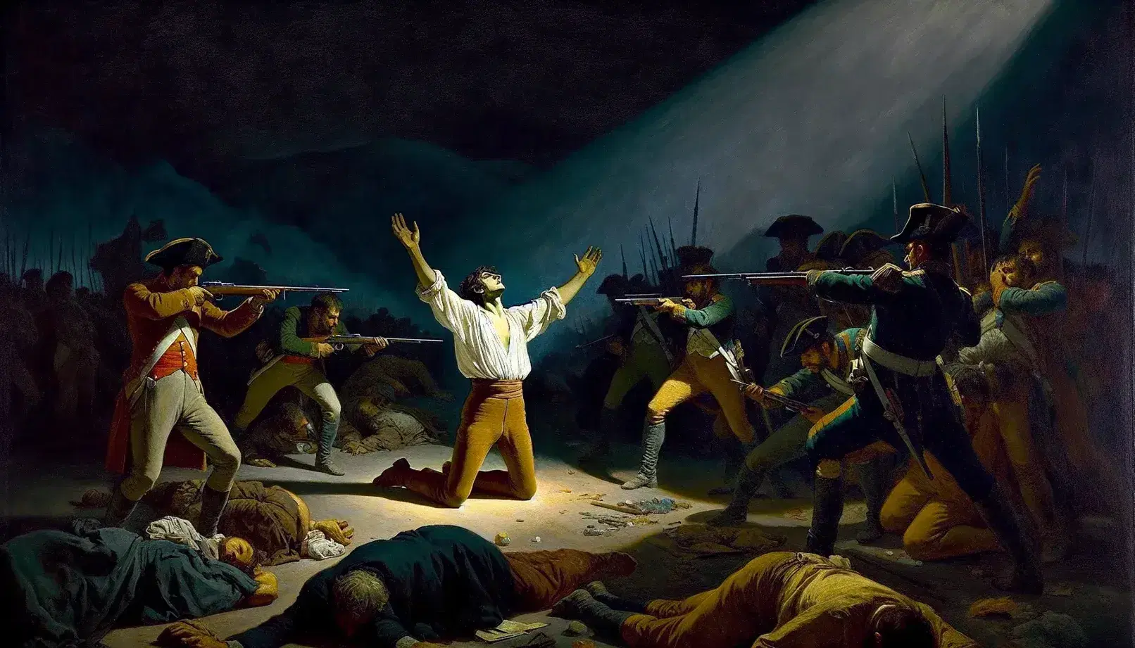 Riproduzione del dipinto 'Il terzo maggio 1808' di Goya, con uomo inginocchiato e soldati armati in una scena notturna di violenza.