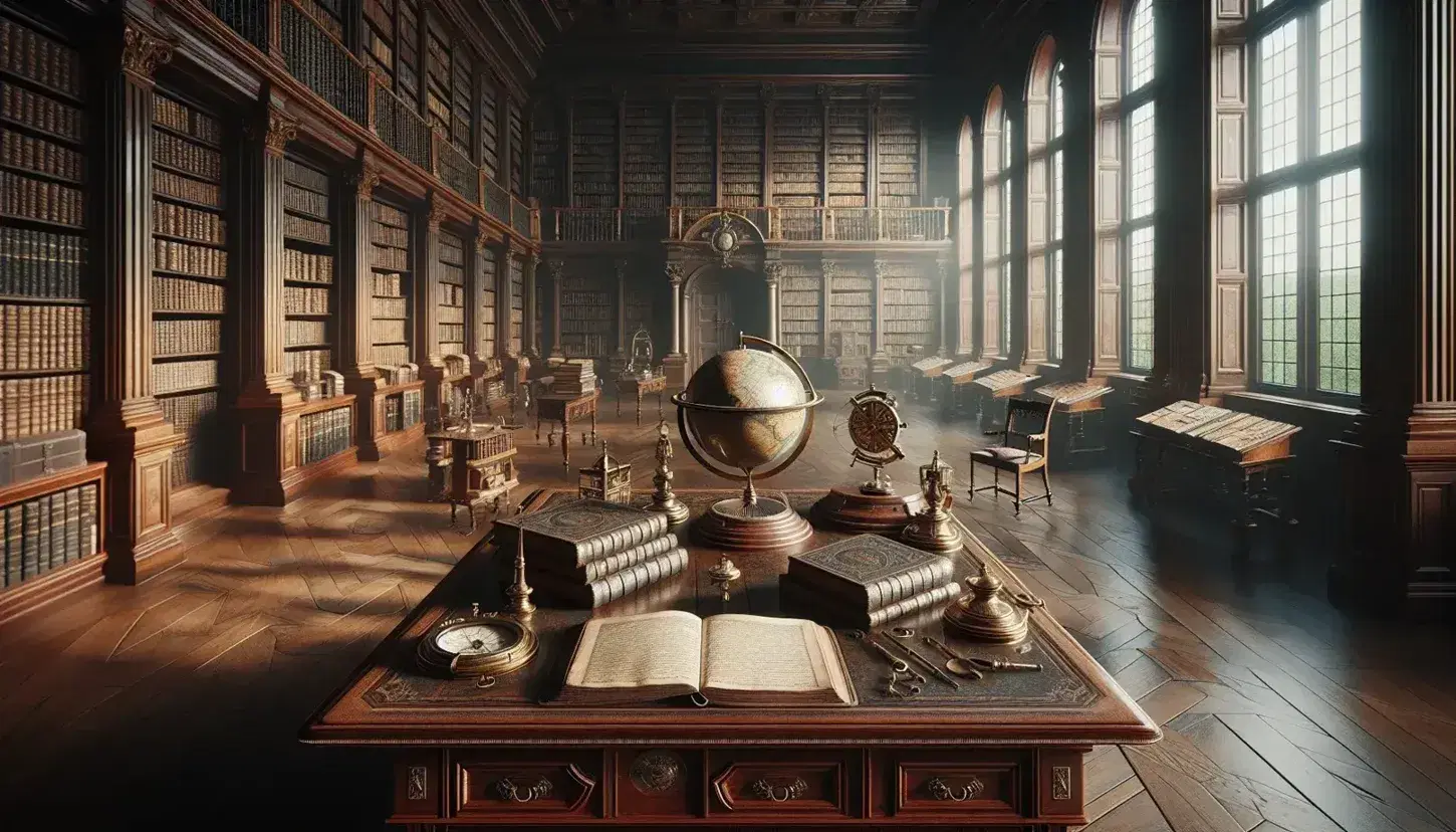 18th-century library with mahogany table, open books, brass instruments, tall bookshelves, arched windows, a globe, and a marble bust.