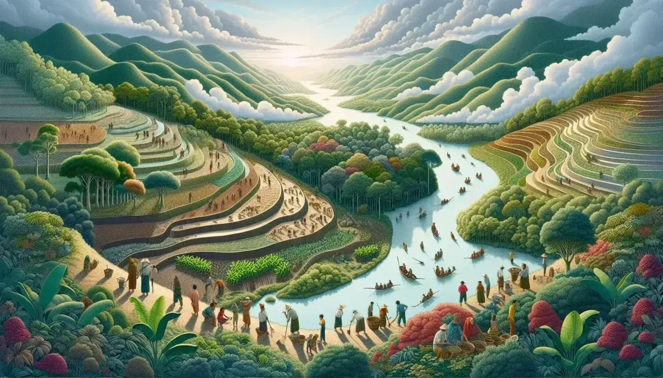 Paisaje natural diverso con personas de distintas edades y vestimentas tradicionales trabajando en campos agrícolas en terrazas, río serpenteante, vegetación densa y montañas neblinosas bajo un cielo parcialmente nublado.