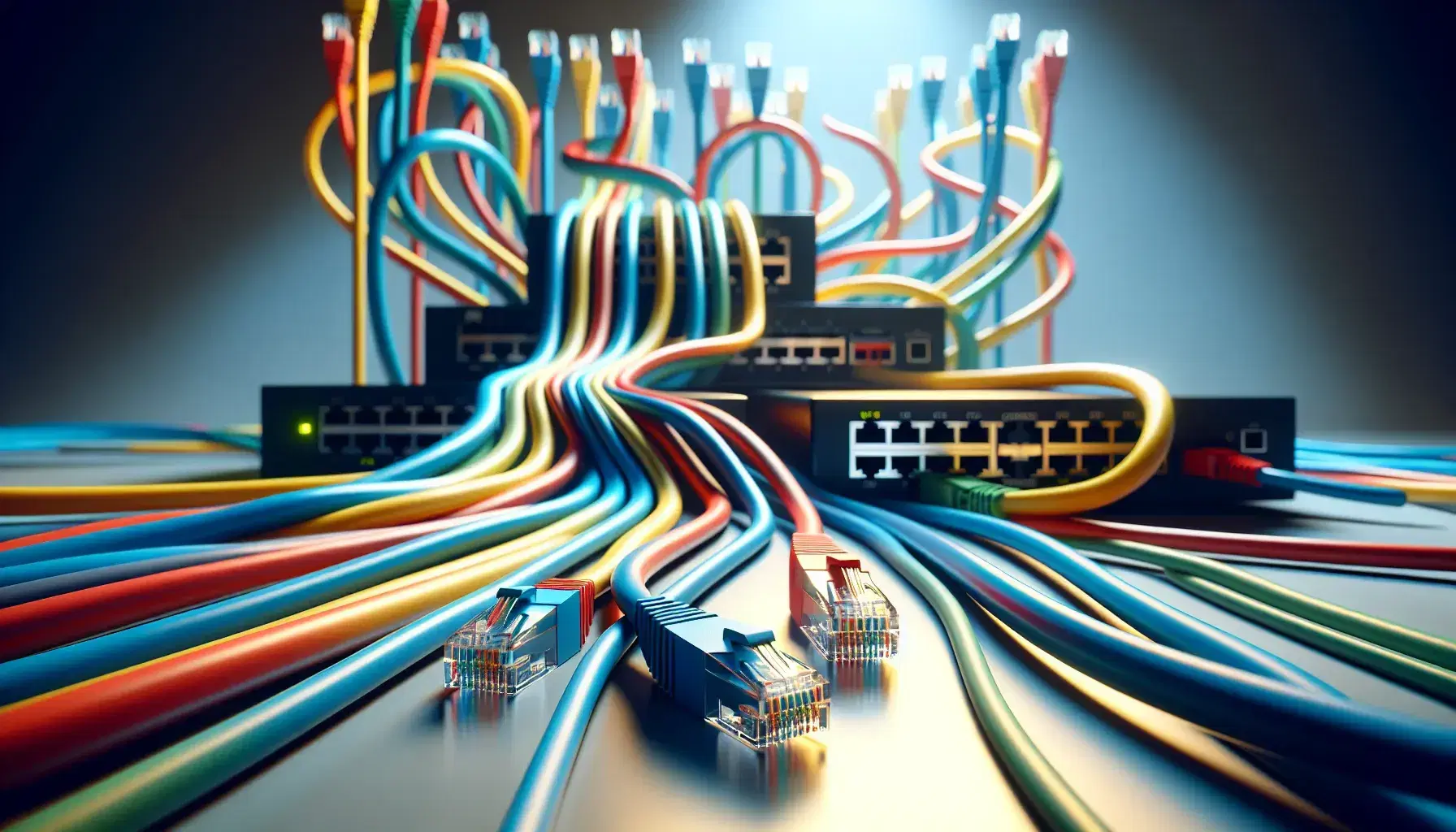 Cavi Ethernet colorati intrecciati con connettori RJ45 e scatole nere di switch di rete su sfondo neutro sfocato.