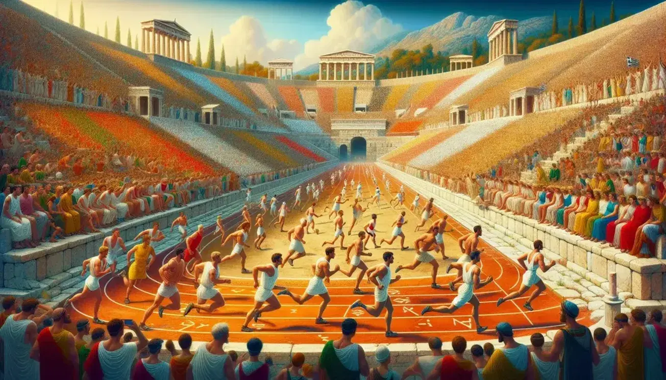 Atleti in gara su pista di argilla in antico stadio greco affollato, con spettatori variopinti e statua marmorea di vincitore.