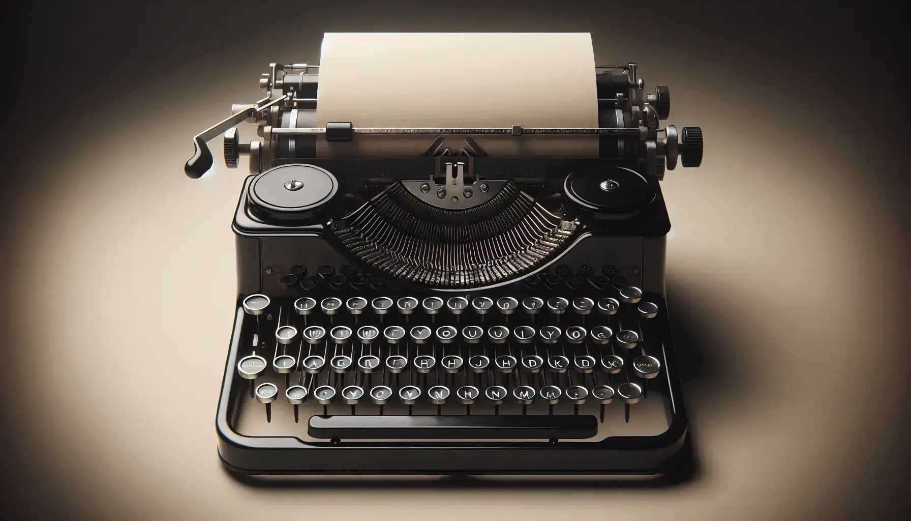 Vintage black typewriter with blank paper, centered with round keys and metallic levers on a neutral background, ready for typing.