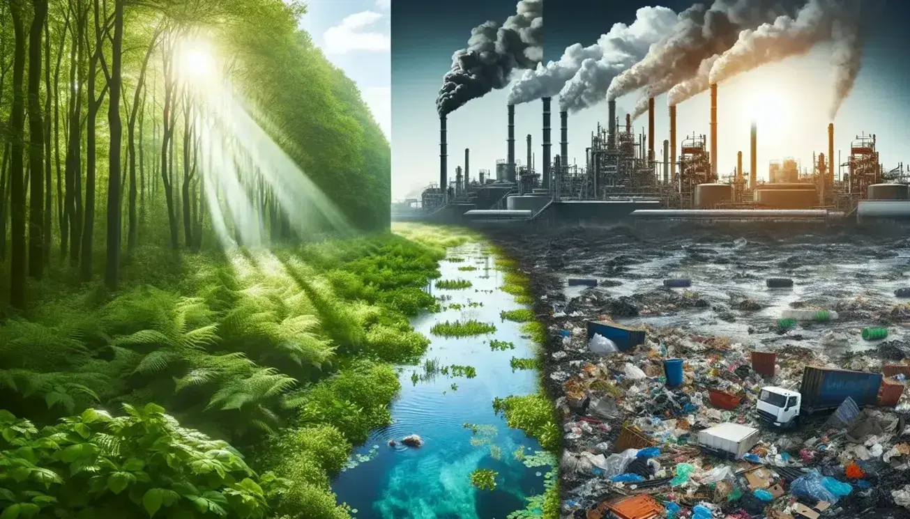 Contrasto tra paesaggio naturale con foresta verde e ruscello limpido e paesaggio industriale con fabbriche, fumo e inquinamento fluviale.