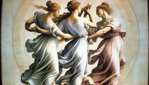 Tre Grazie danzanti in "La Primavera" di Botticelli, con abiti fluttuanti e movimenti armoniosi, sotto una luce morbida.