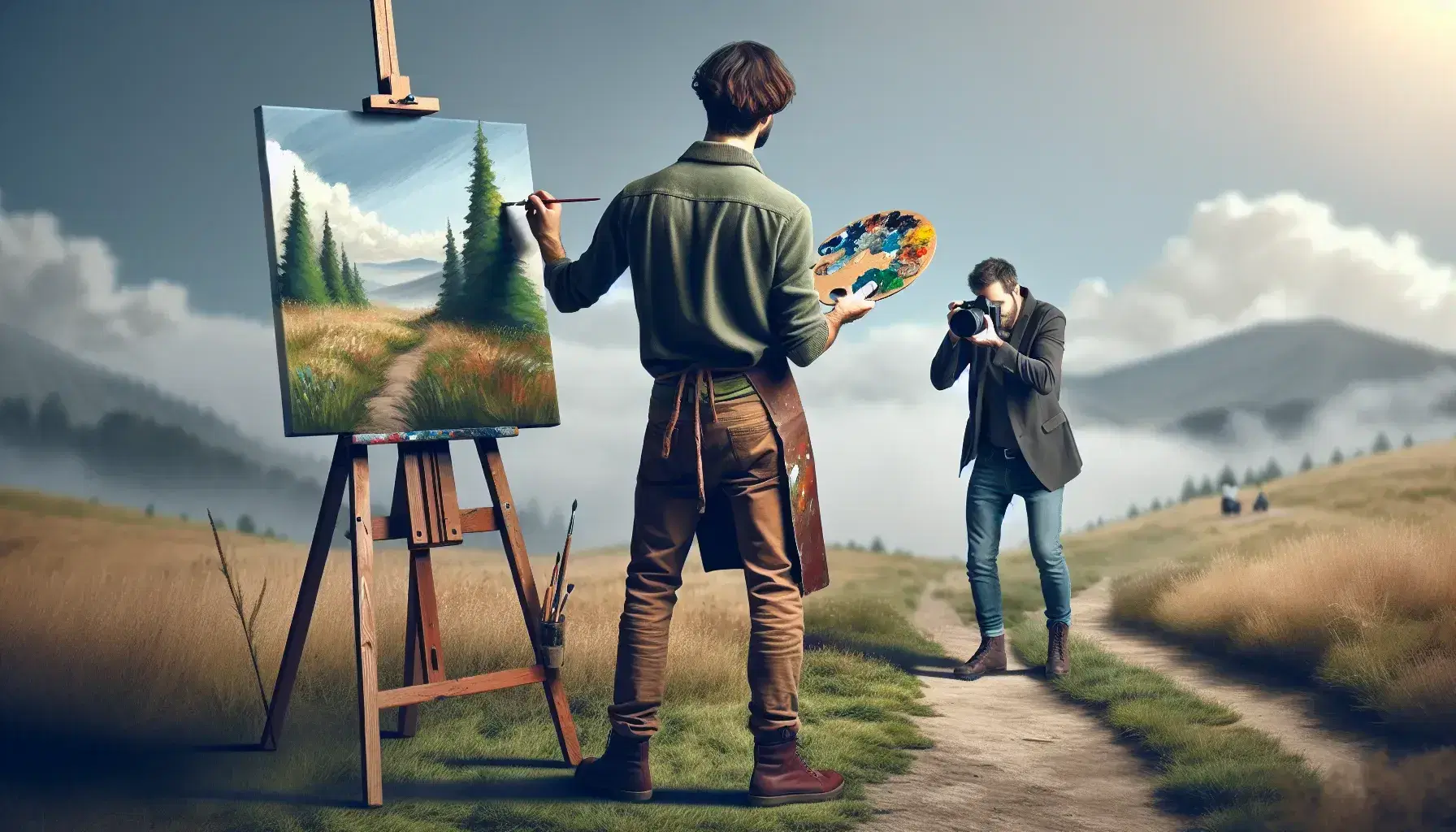 Artista in abiti casual dipinge paesaggio naturale su tela con cavalletto mentre fotografo scatta foto dello stesso scenario.