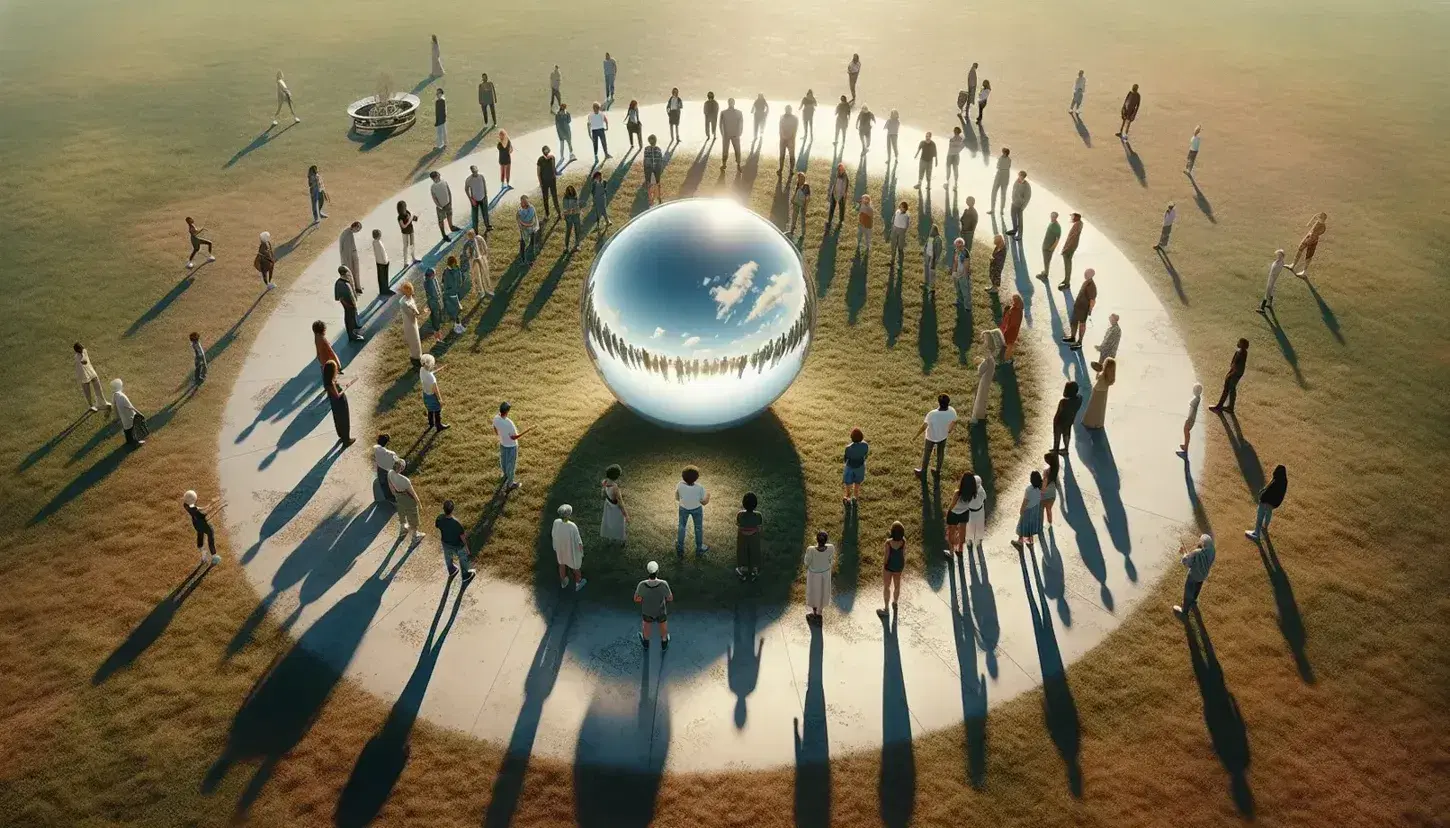 Grupo diverso de personas en conversación alrededor de una esfera de cristal en un parque urbano con cielo despejado y vegetación.