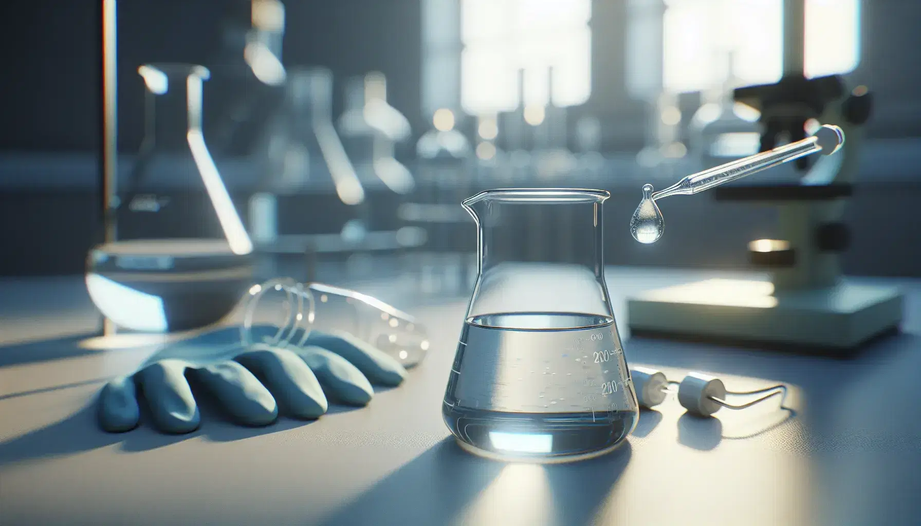 Laboratory with glass beaker and clear liquid, dropper with opaque solution, safety glasses and blue latex gloves on bench.