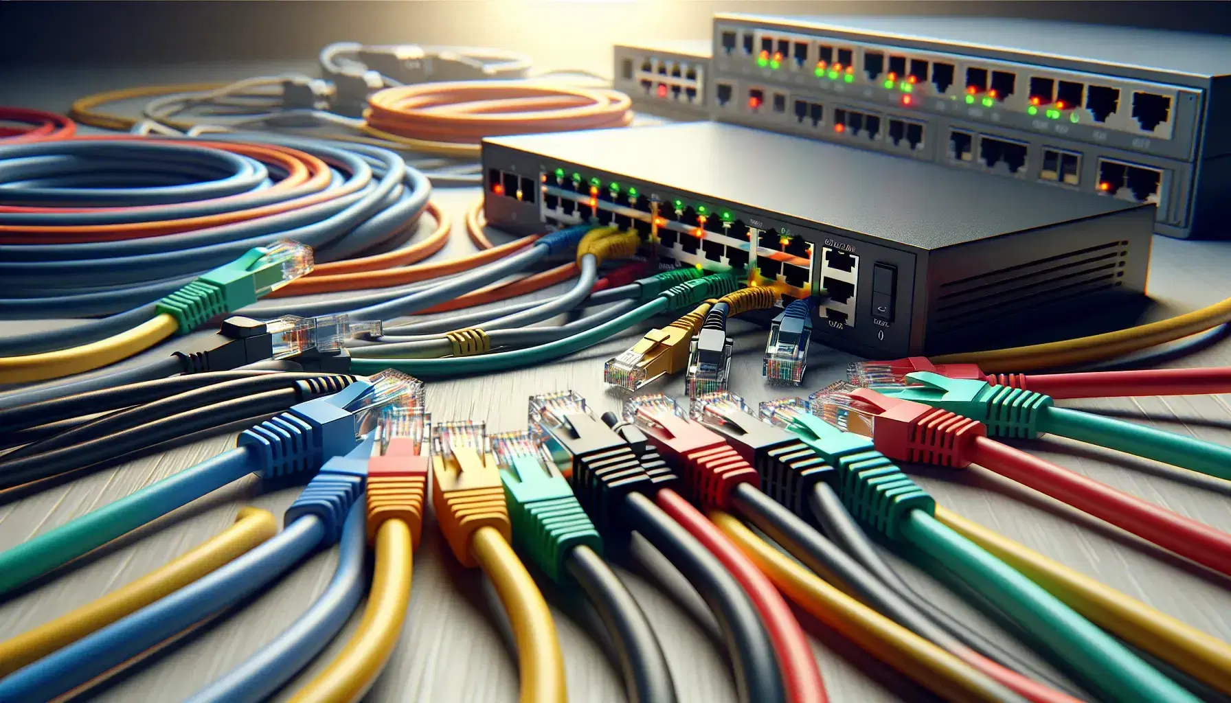 Cavi Ethernet colorati intrecciati con connettori RJ45 inseriti in uno switch di rete con LED attivi, su sfondo neutro con router e pannello patch sfocati.