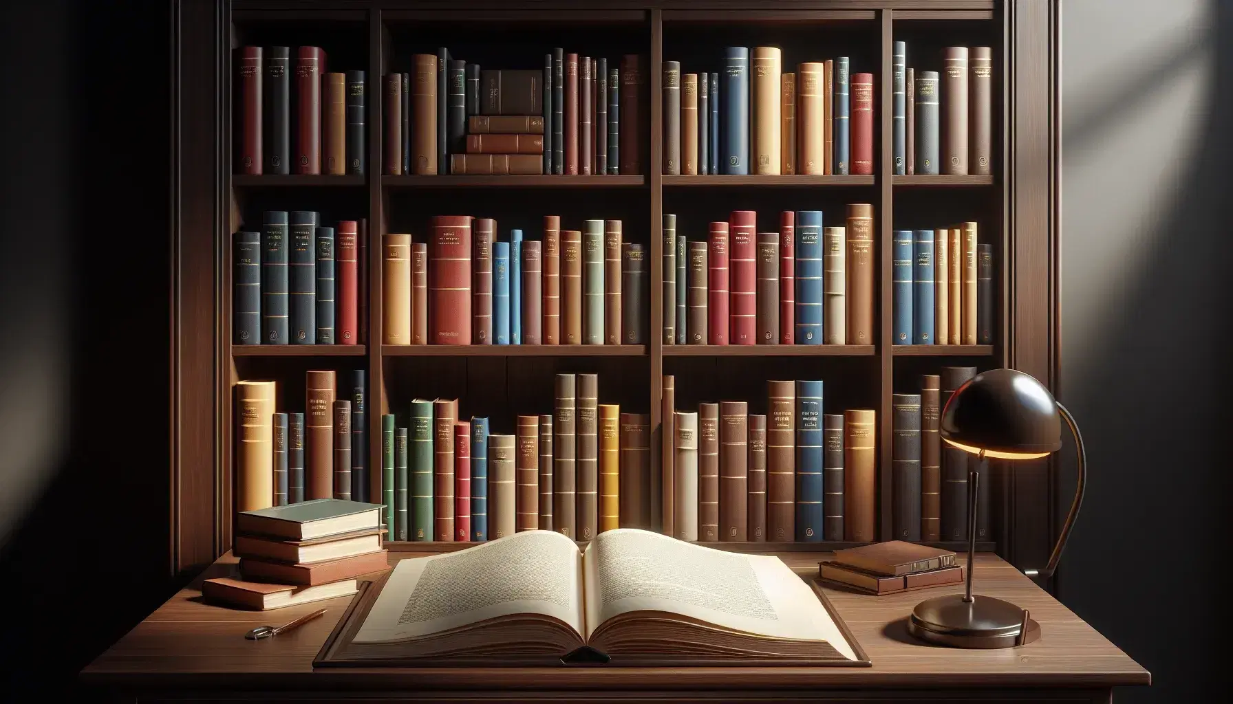 Estantería de madera oscura con libros de colores variados y un libro abierto con páginas en blanco sobre un escritorio, iluminado por una lámpara de mesa.