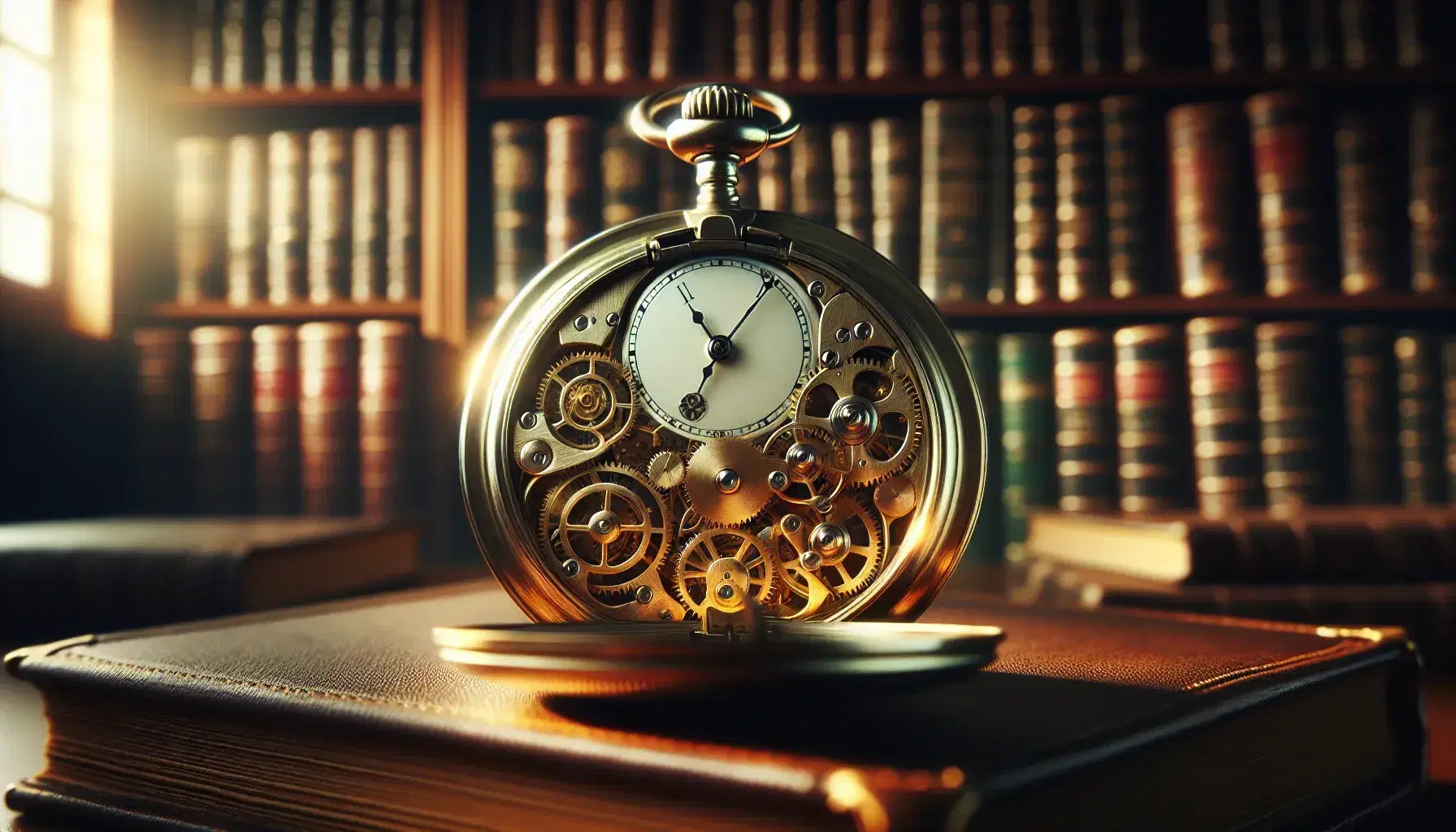 Orologio da tasca antico aperto con ingranaggi visibili e quadrante avorio su sfondo sfocato di libreria con libri rilegati.