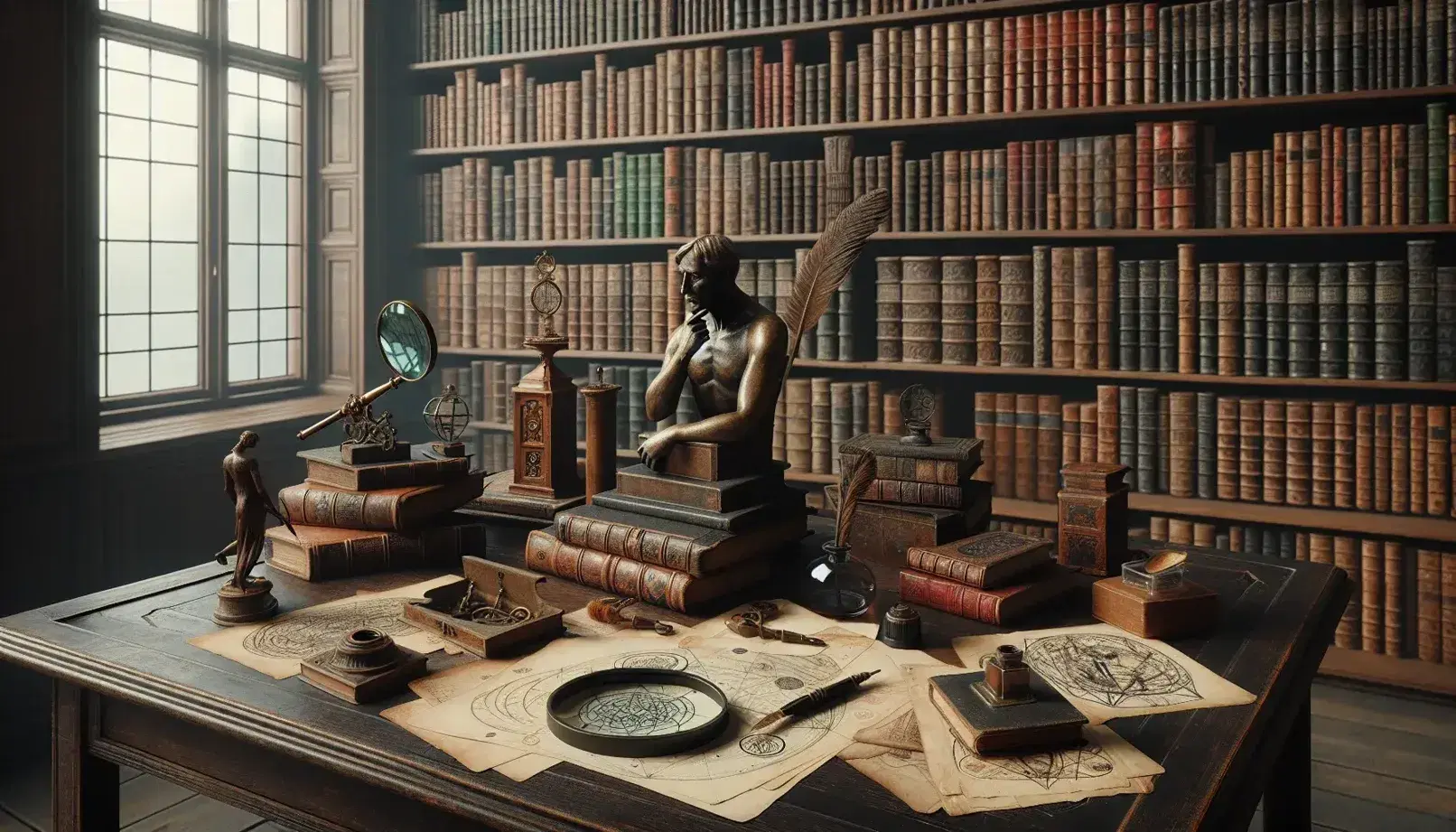 Biblioteca antica con scrivania in legno scuro, lente d'ingrandimento, calamaio, fogli ingialliti, scaffali con libri rilegati e statuetta bronzea pensierosa.