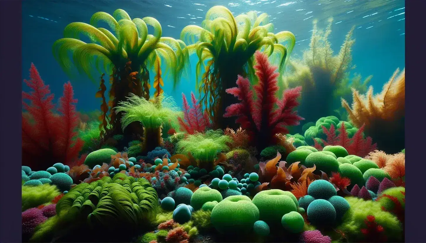 Vibrant underwater algae scene with green filamentous carpet, vertical kelp fronds, red bushy algae, and teal blue-green colonies in sunlit waters.