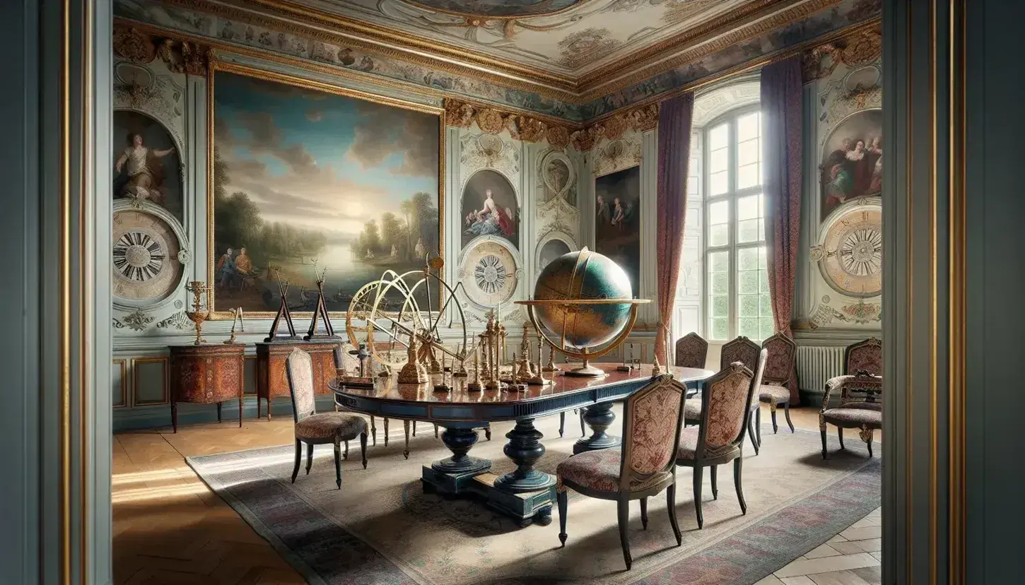 Sala d'epoca settecentesca con tavolo in legno scuro, sedie imbottite, strumenti scientifici, affreschi e quadri, illuminata da un grande lampadario di cristallo.