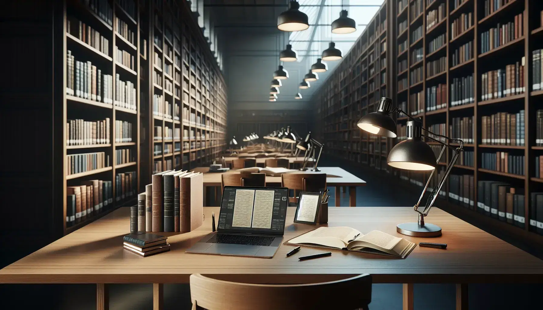 Biblioteca universitaria con estanterías de madera oscura llenas de libros, mesa de estudio con laptop abierta, lámpara y libros apilados, ventana al fondo.