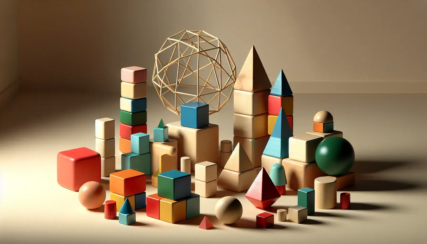 Bloques de madera geométricos en colores rojo, azul, verde y amarillo, con una torre de formas variadas sobre superficie clara.