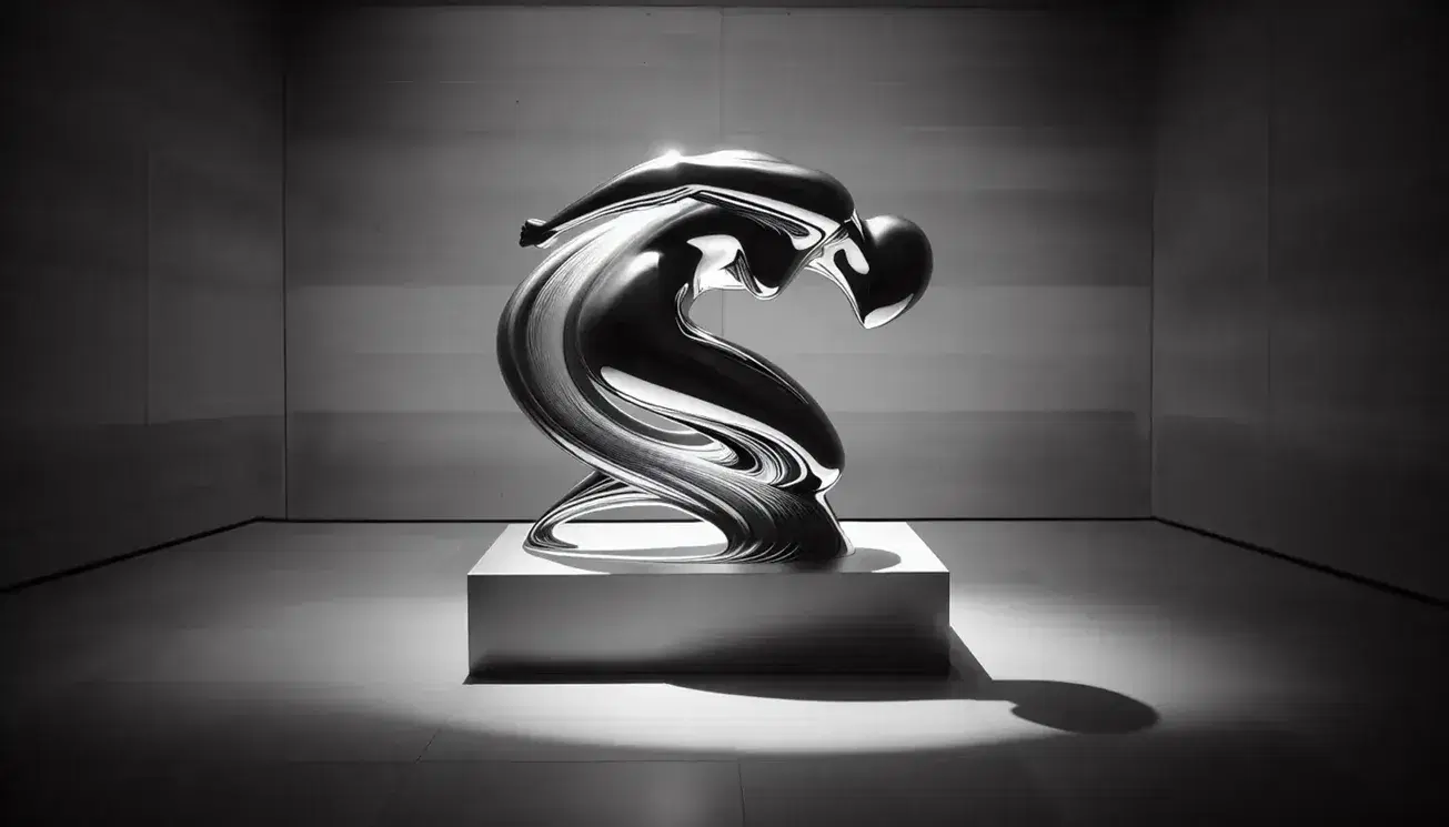 Statua stilizzata astratta in movimento su piedistallo chiaro, riflessi di luce su superficie lucida, sfondo sfocato per effetto profondità.
