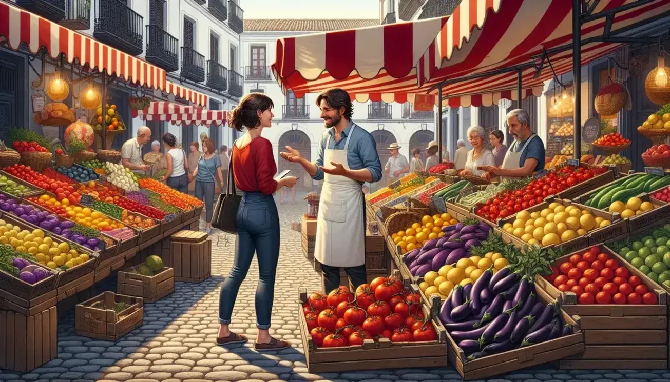 Lively Spanish market scene with colorful produce on display, vendor in white apron chatting with a woman in red shirt, and crate of eggplants on cobblestone.