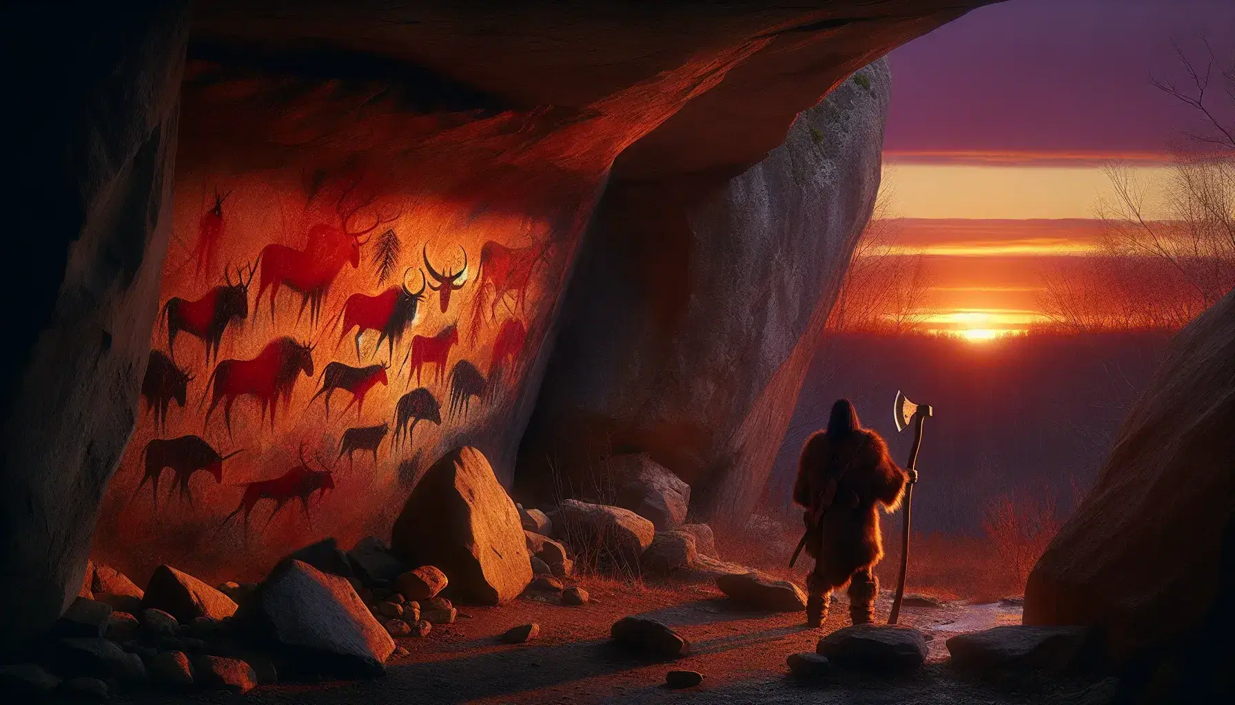 Tramonto con cielo arancione e siluette di uccelli, figura umana in pelli osserva pitture rupestri di bisonti e cavalli su roccia.