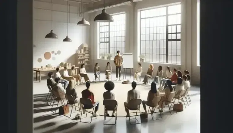 Grupo diverso atento en semicírculo con orador gestualizando, aula luminosa con pizarra en blanco, libros y planta en primer plano.