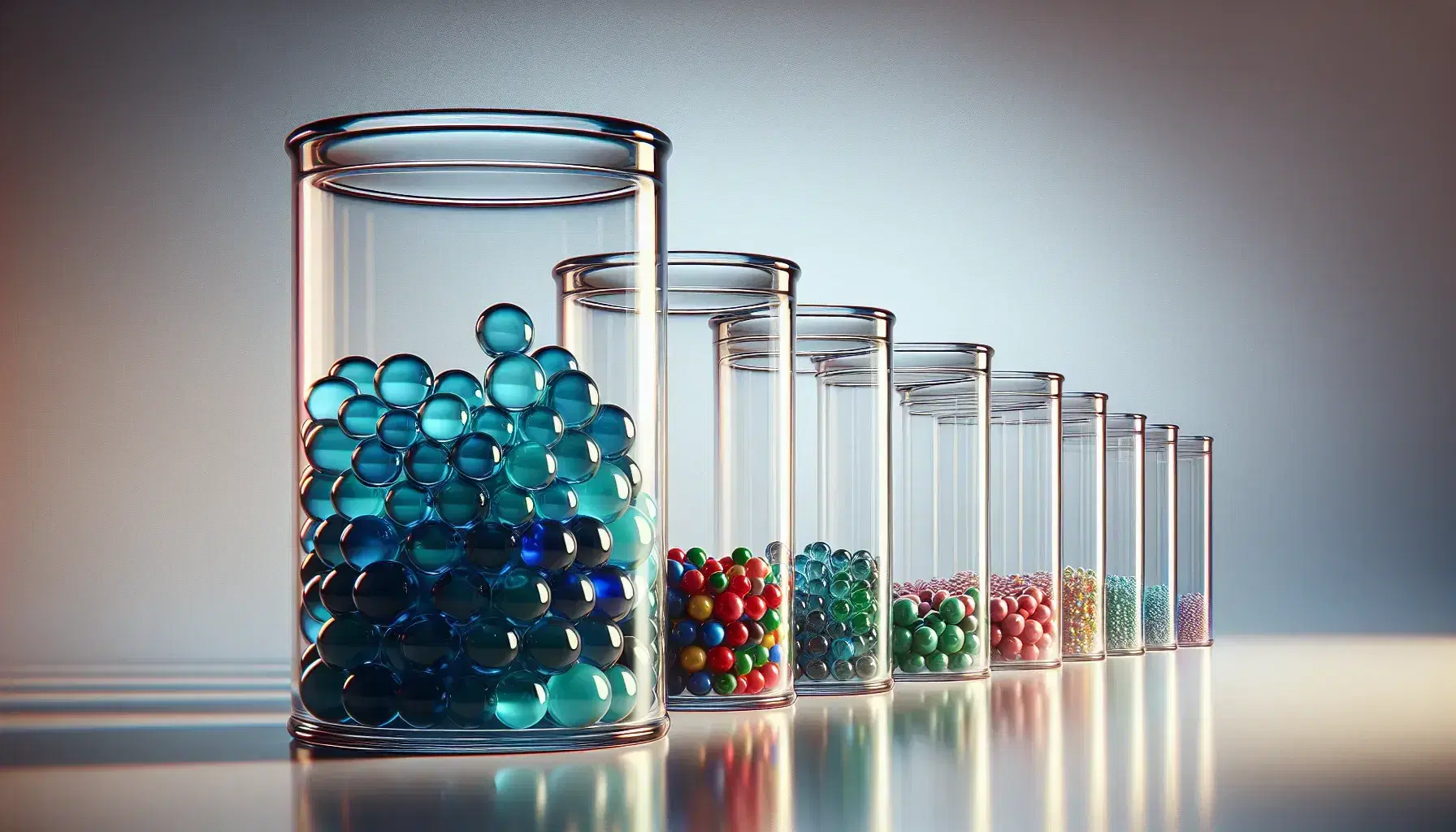 Series of glass jars on a reflective surface with colored marbles: full blue, 3/4 red, half green, 1/4 yellow, a few purple.