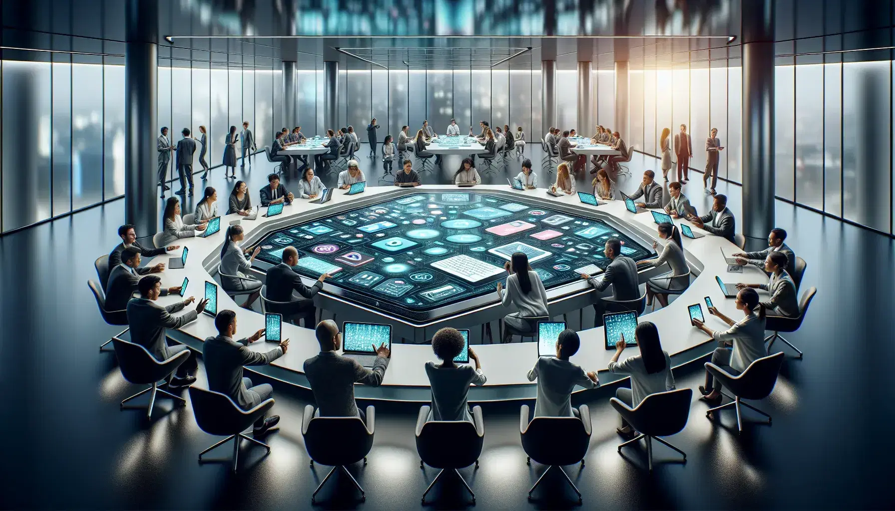 Grupo diverso de personas en reunión de trabajo alrededor de una mesa ovalada con dispositivos electrónicos encendidos en una oficina con ventana panorámica.