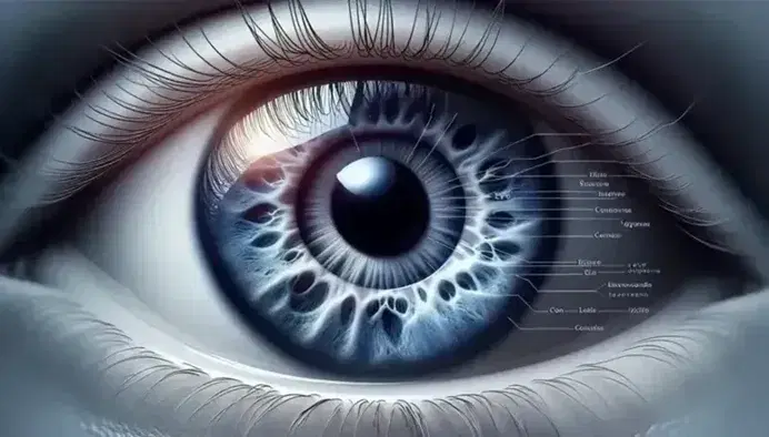 Occhio umano in primo piano con pupilla nera, iride blu intensa, sclera bianca e ciglia definite, su sfondo sfumato di diagramma oculare.