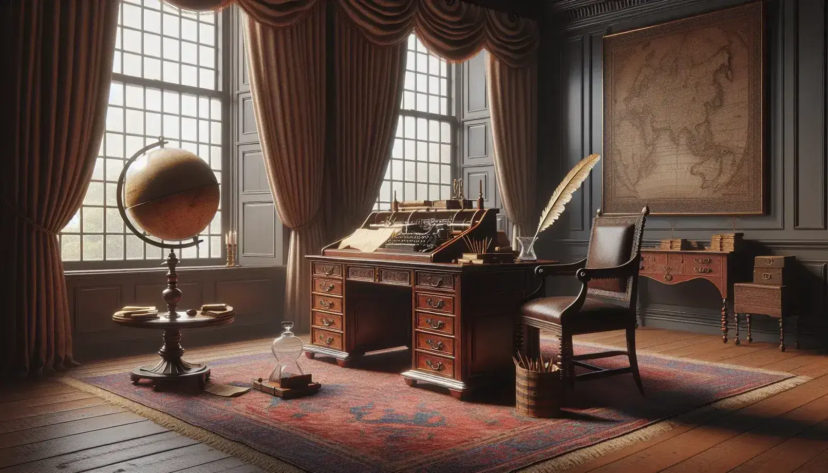 Late 18th-century style study with a polished wooden desk, quill and inkwell, round spectacles, and a globe, bathed in natural light from a tall window.
