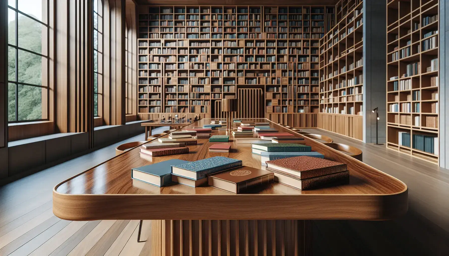 Biblioteca espaciosa con mesa de madera y libros coloridos apilados, estanterías llenas y silla con cojín azul, iluminada por ventana y lámpara de pie.