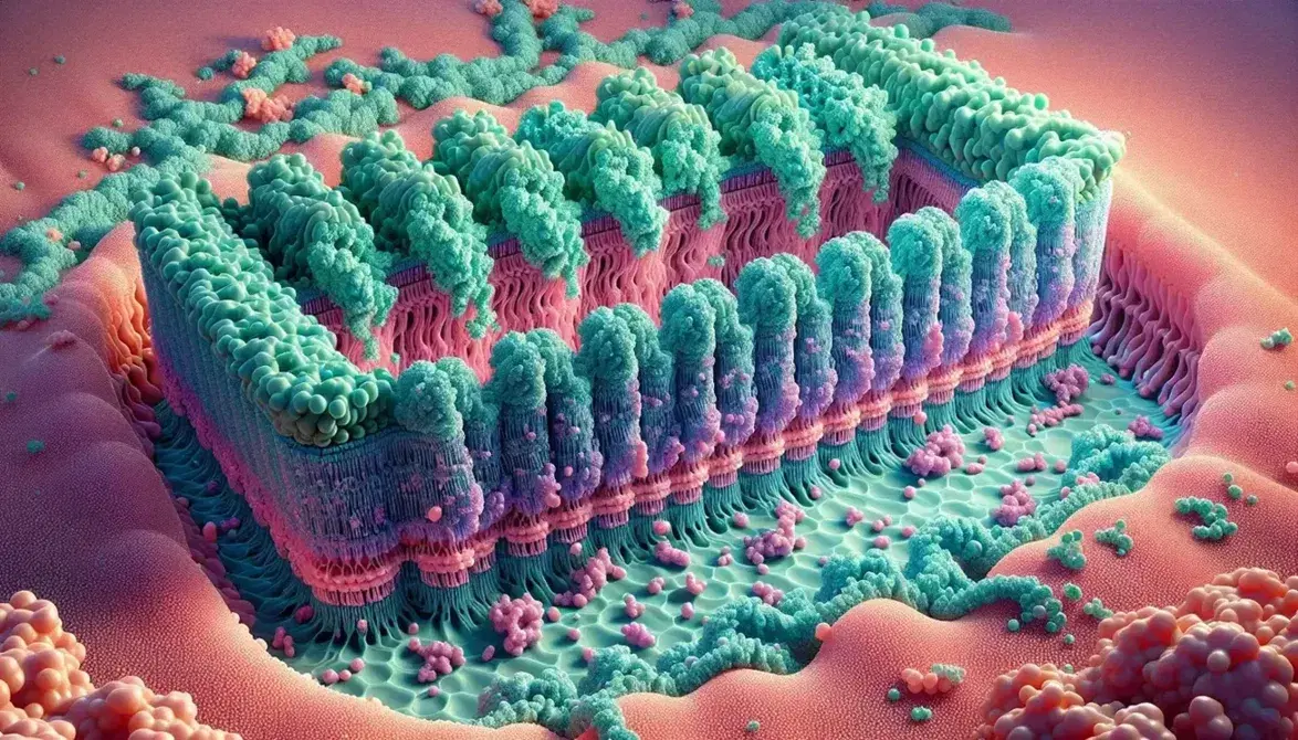 Close-up of a cell membrane with embedded proteins, phospholipids in shades of pink and detailed proteins in blue and green, small molecules in orange and yellow.