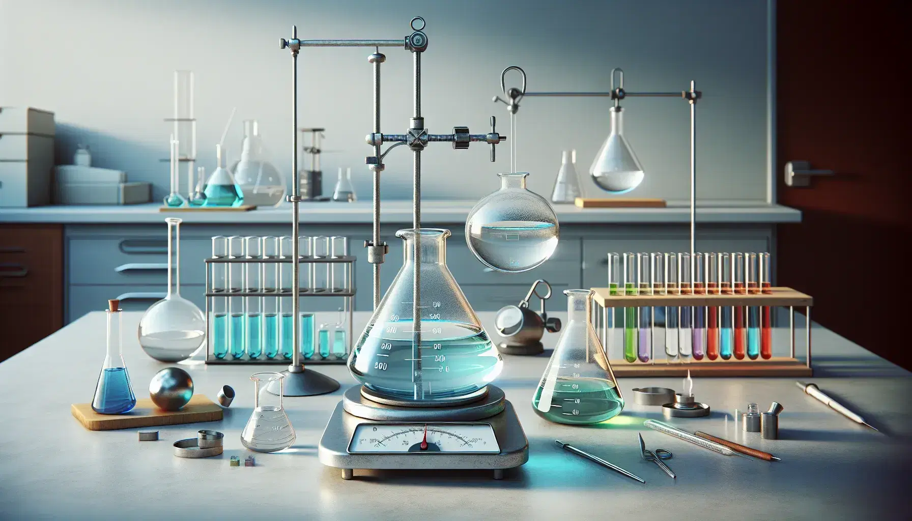 Laboratorio científico con matraz en trípode sobre mechero Bunsen, termómetro en vaso de precipitados, balanza analítica y tubos de ensayo con líquidos de colores.