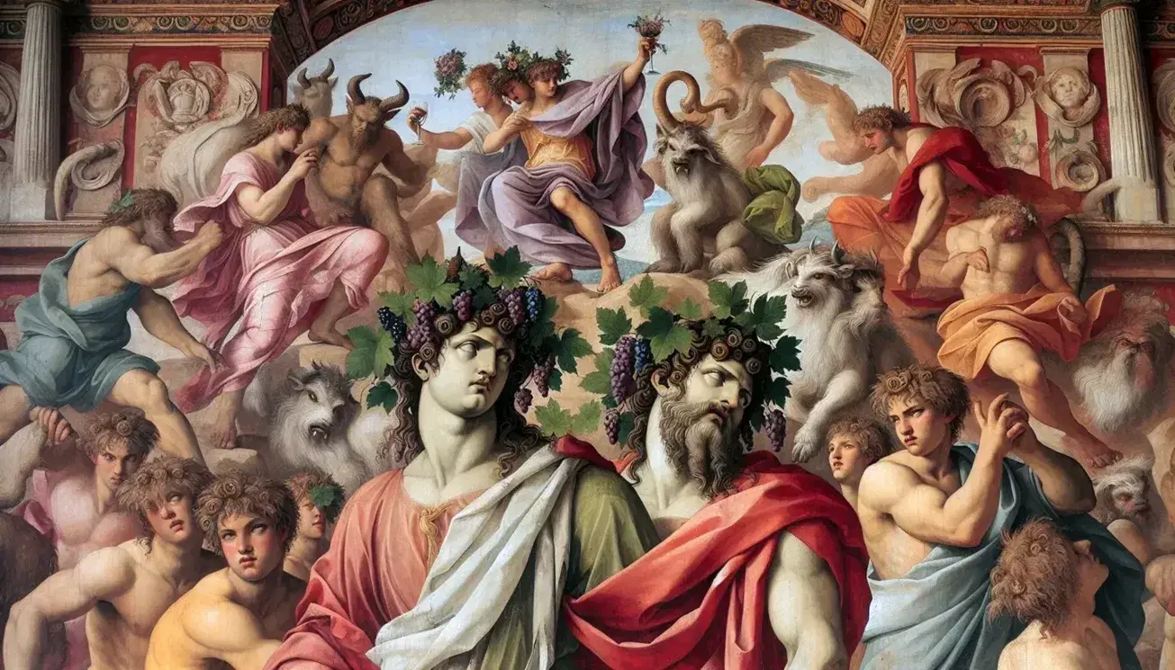 Affresco 'Il Trionfo di Bacco e Arianna' di Annibale Carracci, con figure mitologiche in festa, dettaglio di Bacco e Arianna circondati da satiri e menadi.