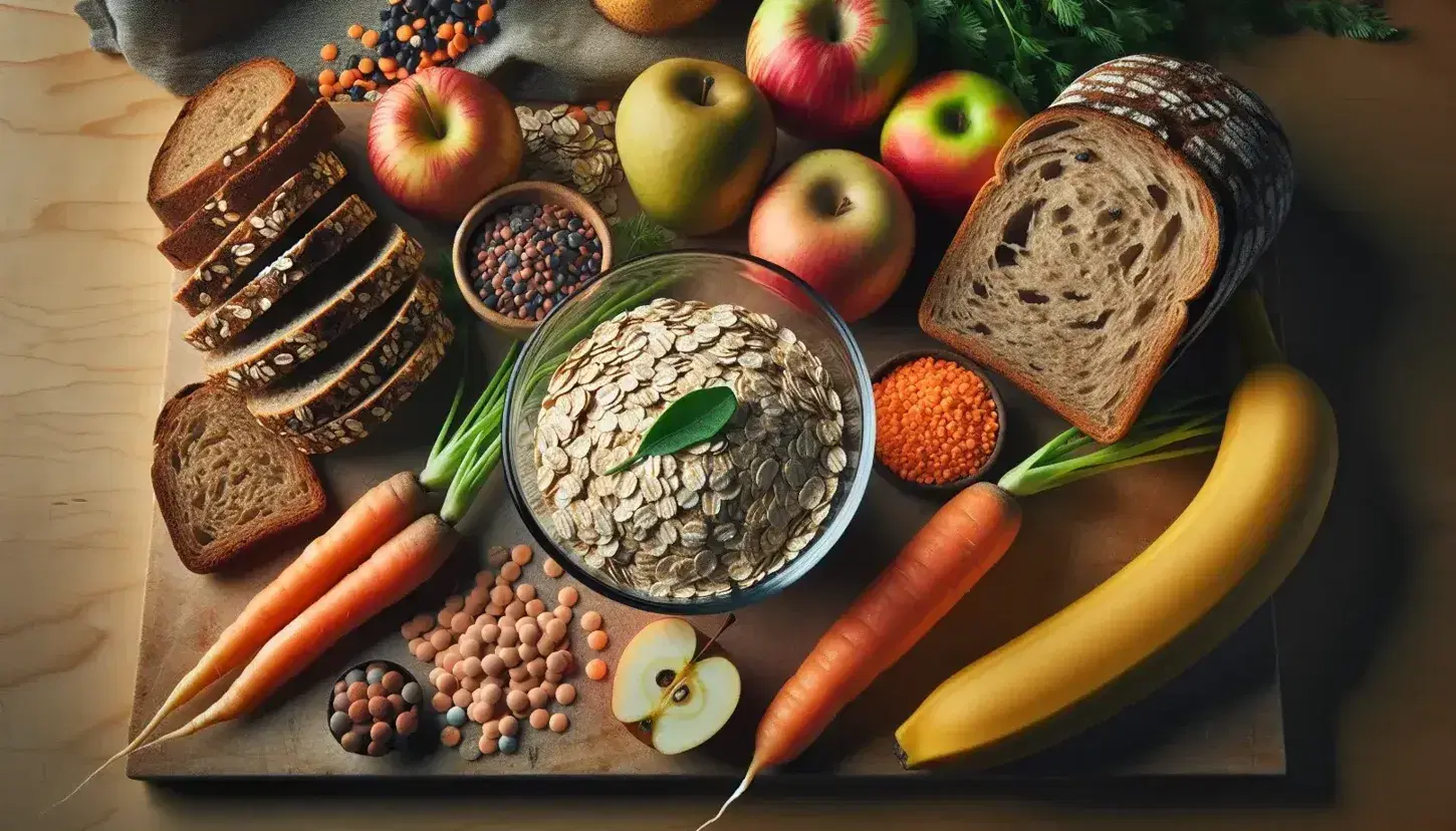 Composizione fotografica di cibi salutari su piano in legno chiaro con fiocchi d'avena, pane integrale, carote fresche, frutta assortita e legumi secchi.
