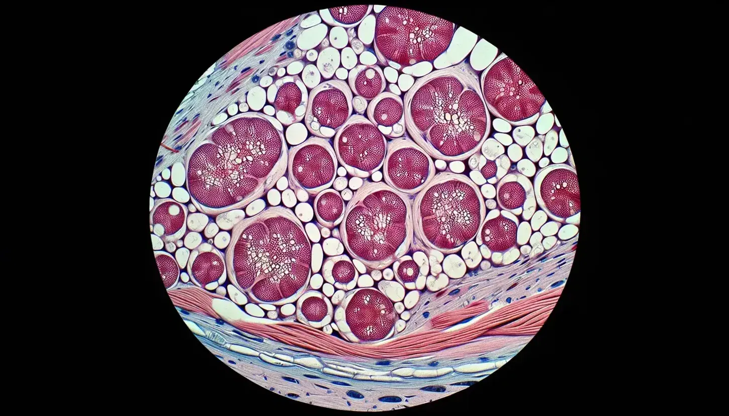 Close-up microscopic view of human skeletal muscle tissue showing stained slow-twitch and fast-twitch fibers with visible endomysium.
