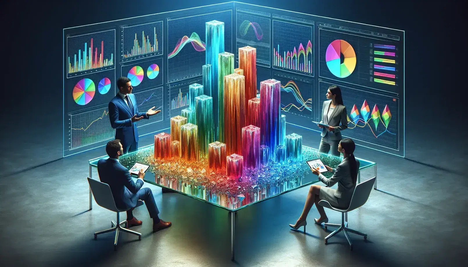 Three professionals analyze 3D bar graphs and pie charts on a table in a well-lit meeting room, with a digital trend display in the background.
