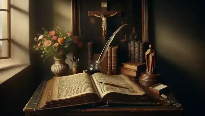 Scrivania antica in legno scuro con libro aperto, calamaio e penna d'oca, statuetta in preghiera e crocifisso sullo sfondo.