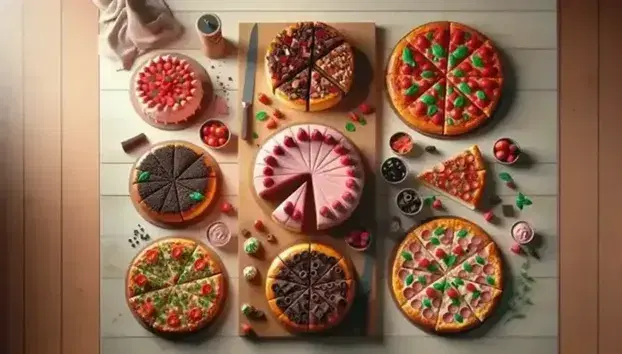 Tavolo in legno con assortimento di dolci e pizze tagliate: torta rosa con fragole, pizza con salame, torta al cioccolato e pizza margherita.