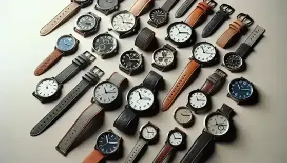 Orologi analogici assortiti su sfondo chiaro, con cinturini in materiali vari e quadranti di diversi colori senza numeri visibili.