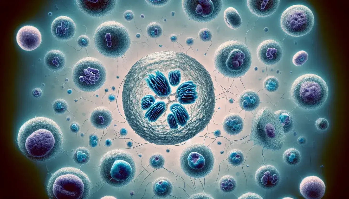 Vista microscópica de células en mitosis con cromosomas alineados en metafase y otras en prophase, anaphase y telophase, teñidas en azules y rosas.