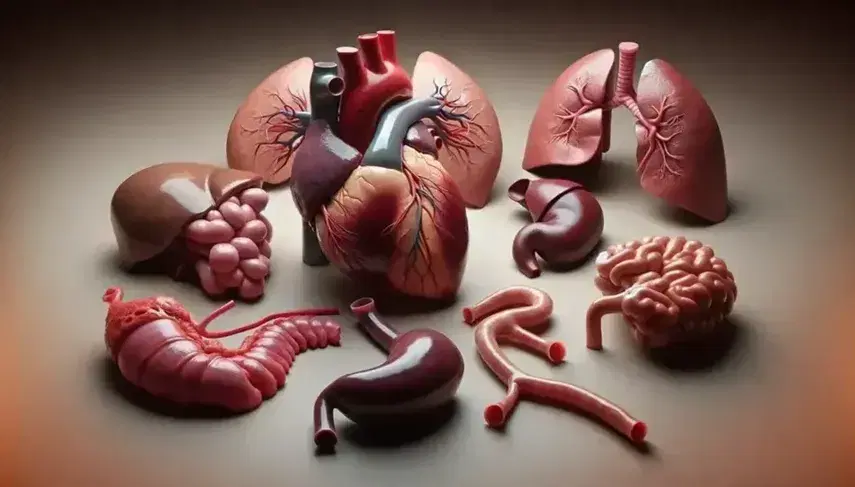 Modelli anatomici dettagliati di cuore, polmone, fegato con cistifellea, rene e intestino su sfondo neutro.