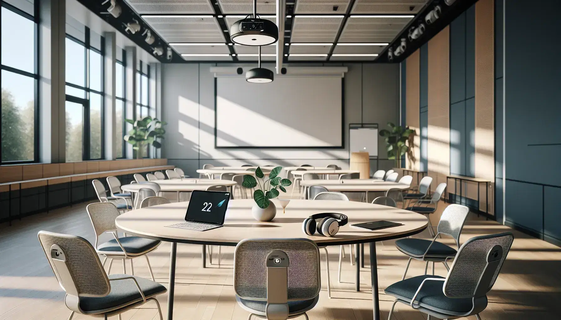 Aula universitaria moderna y espaciosa con mesa redonda, sillas ergonómicas y dispositivos electrónicos, iluminada por luz natural y LED, con pizarra y proyector al fondo.