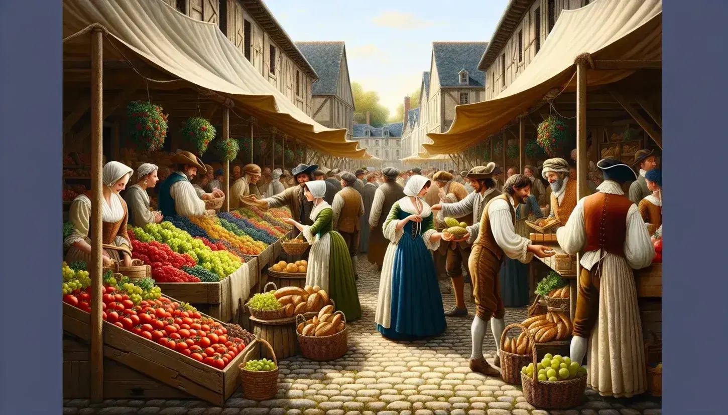 18th century French market scene with people in period clothing, wooden stalls full of fruit, vegetables and bread under a blue sky.